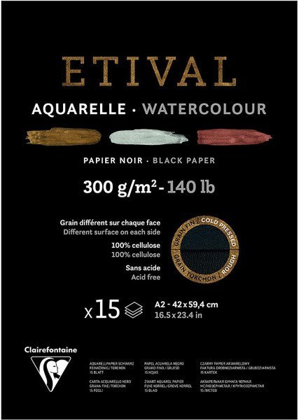 Blok akwarelowy Clairefontaine ETIVAL Black, dwustronny, 300g,  A3,  15 ark.